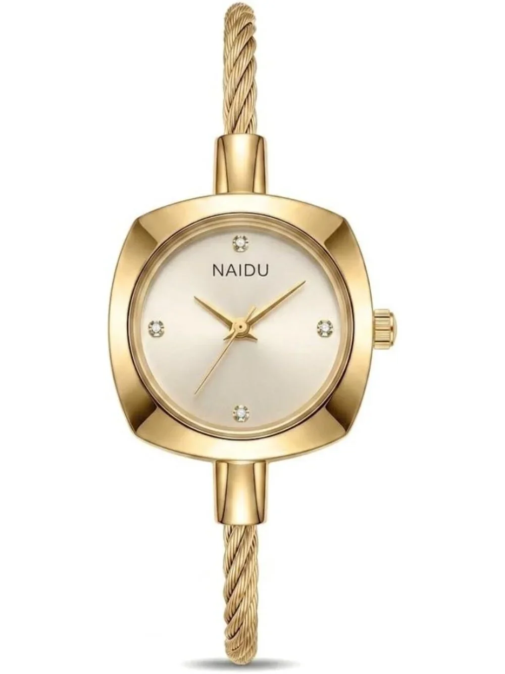 Women's Gold Crystal Accent Cable Wire Bangle Square Sunray Dial Wrist Watches